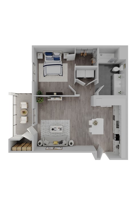 1 bedroom with a kitchen and island